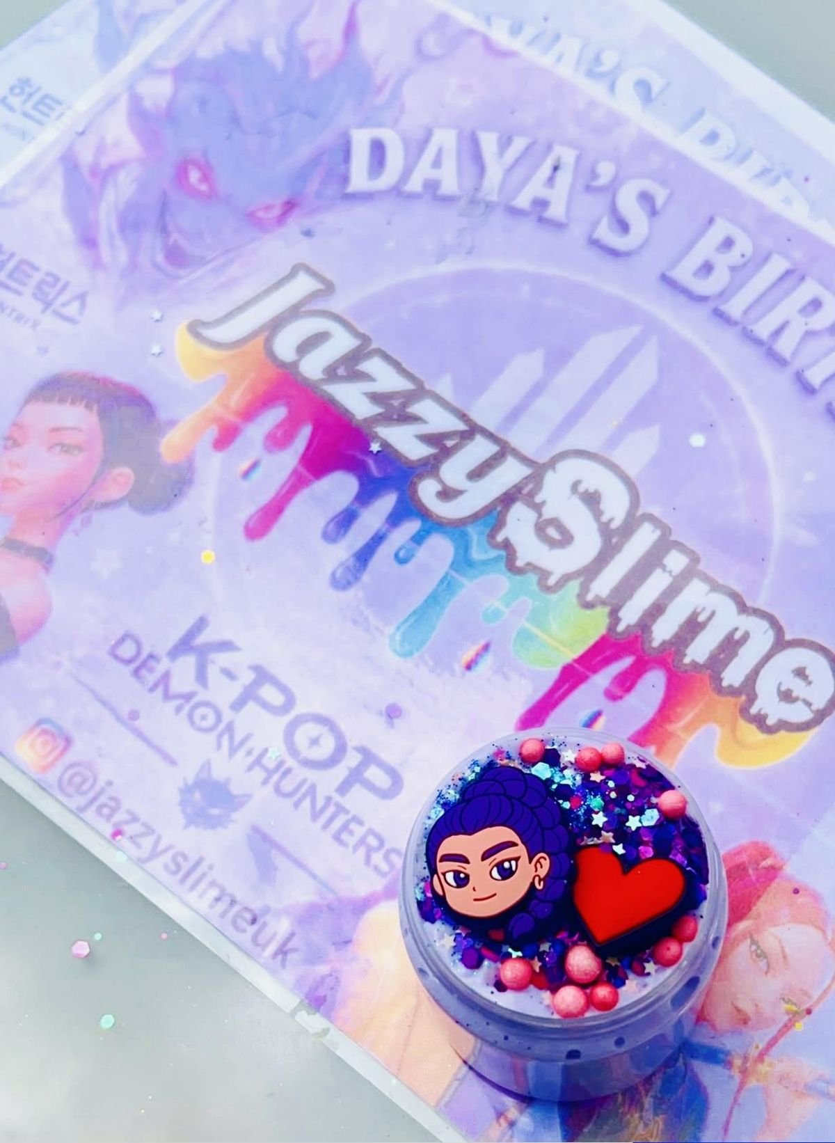 A personalised K-Pop themed Jazzy Slime birthday party sheet and pot