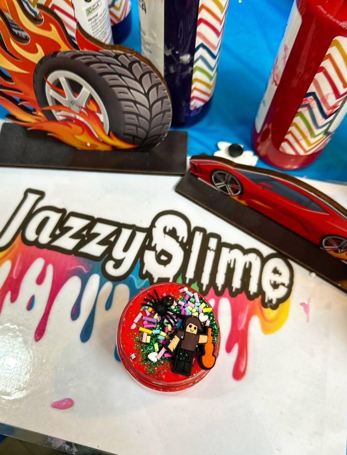 Cars and racing themed slime decorations